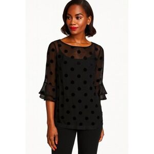 Kate Spade Silk Sheer‎ Polka Dot Evi Flutter Sleeve Black Top Size 00
